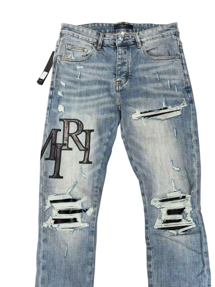 1:1 quality version Classic Big Letter Black Patch Ripped Jeans 29080654