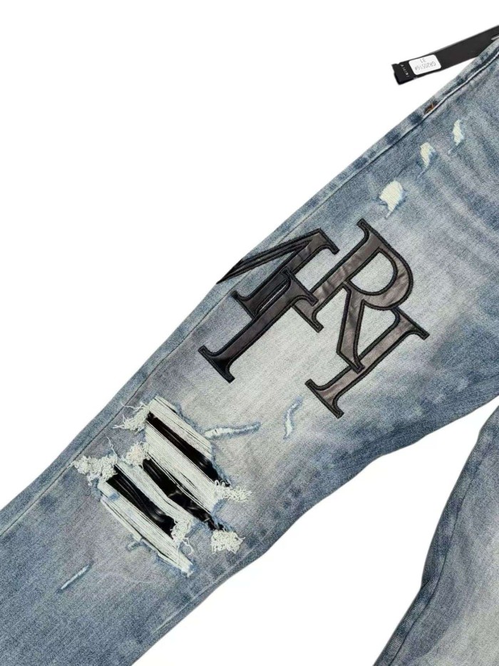 1:1 quality version Classic Big Letter Black Patch Ripped Jeans 29080654