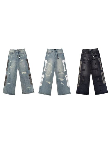1:1 quality version Side Leather Bone Rivet Color Diamond Wide Leg Jeans 3 colors 29080658