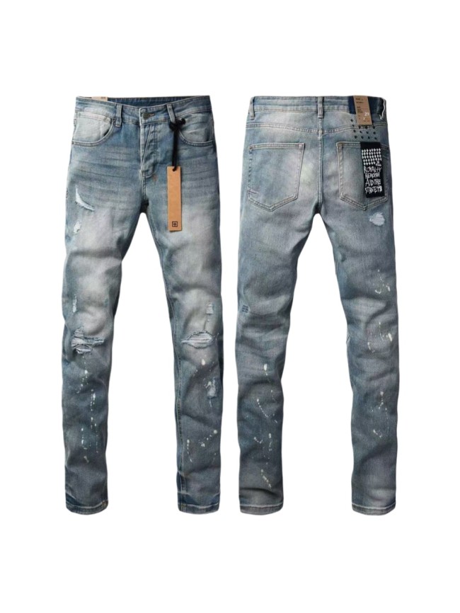 1:1 quality version Retro Blue Ink Splash Washed Ripped Jeans 29080457