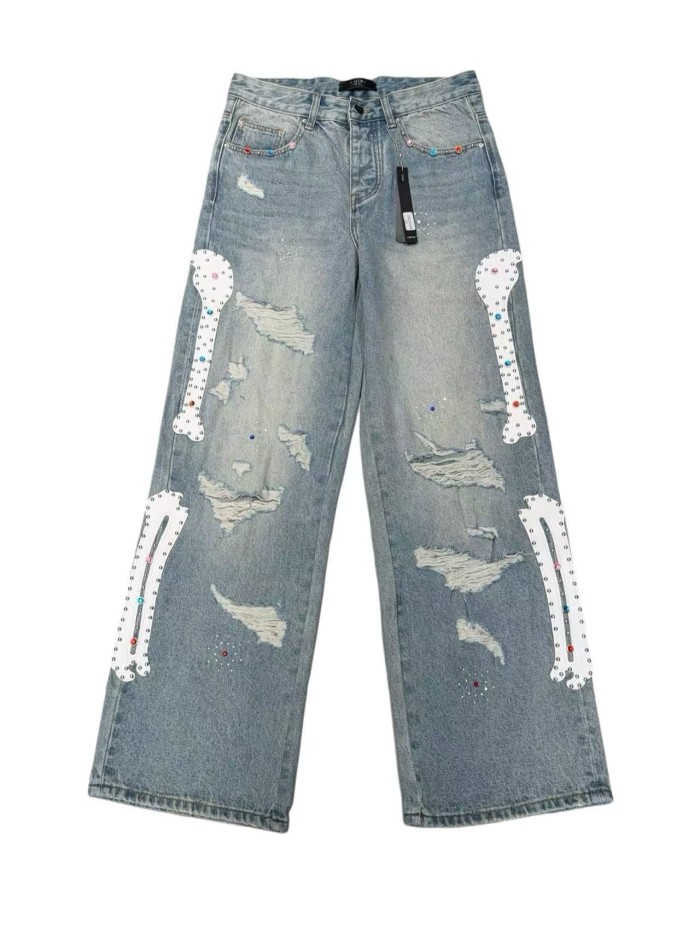 1:1 quality version Side Leather Bone Rivet Color Diamond Wide Leg Jeans 3 colors 29080658