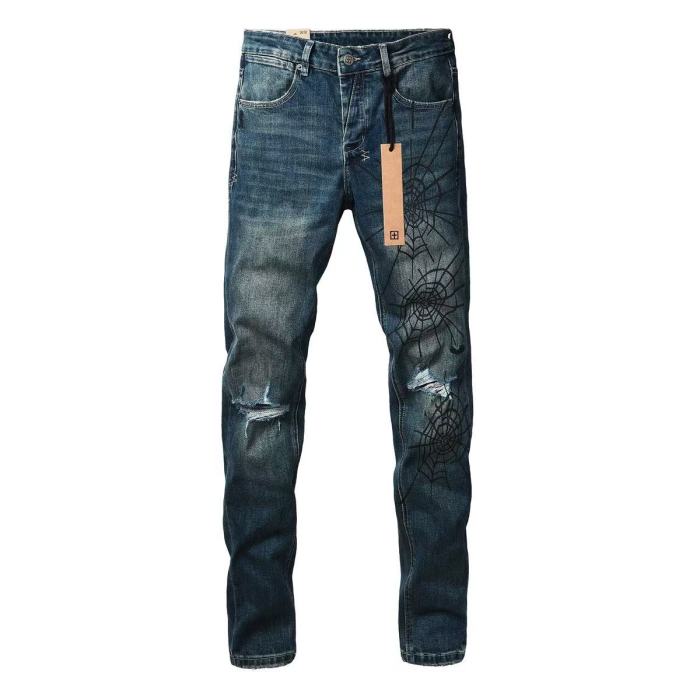 1:1 quality version Dark Spider Web Graffiti Vintage Ripped Jeans 29080456