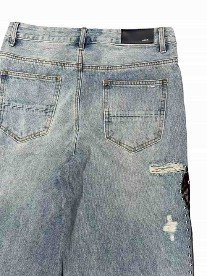 1:1 quality version Side Leather Bone Rivet Color Diamond Wide Leg Jeans 3 colors 29080658