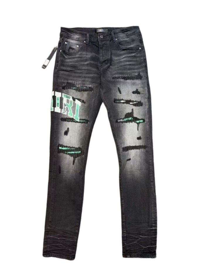 1:1 quality version Gradient Green Logo Embroidery Ripped Jeans 29080645