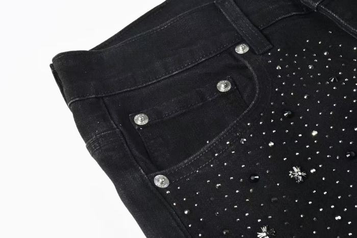 1:1 quality version Knee Ripped Half Rhinestone P Jeans 29080465
