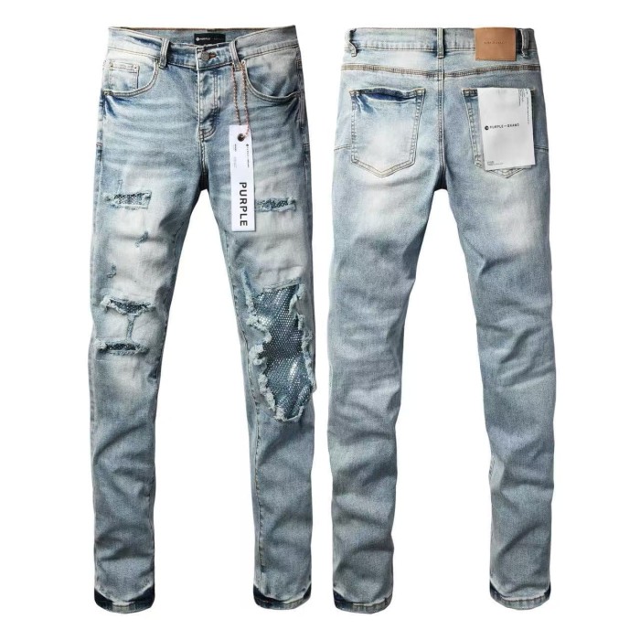 1:1 quality version Ice Blue Sequin Spliced Ripped Jeans 29080464