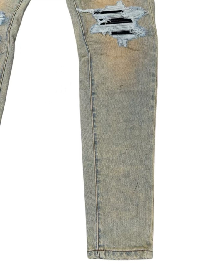 1:1 quality version Yellow Mud Dyed Vintage Black Strip Patch Jeans 29080653