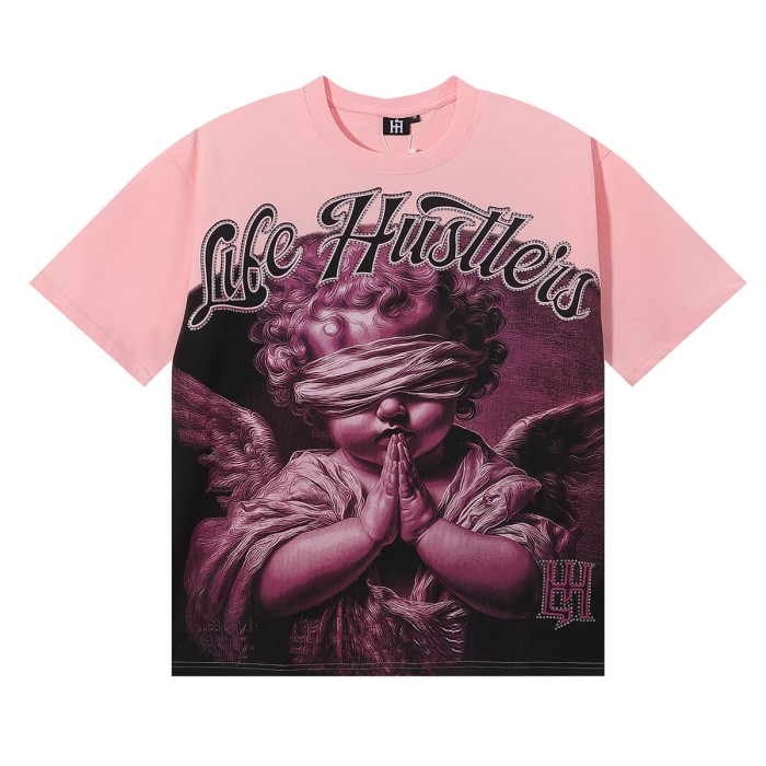 Pink Blindfolded Praying Angel Rhinestone Print Tee 3 colors 29082342
