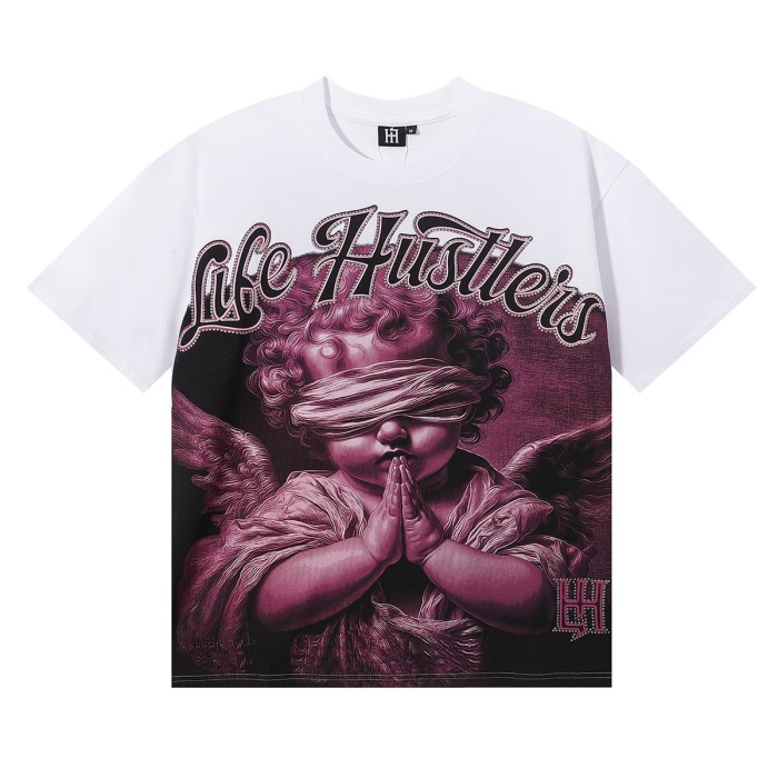 Pink Blindfolded Praying Angel Rhinestone Print Tee 3 colors 29082342