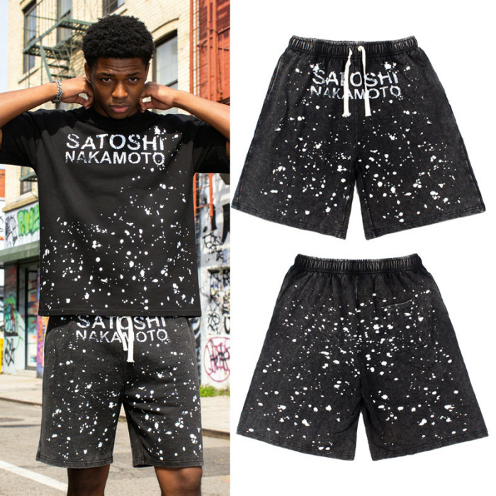 Ink Splash Classic Letter Print Washed Shorts 29082411