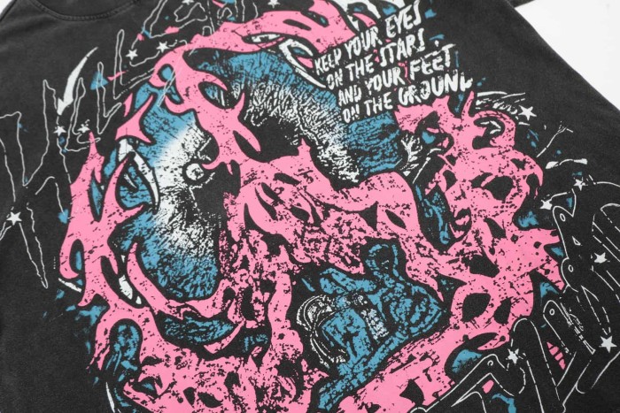 Pink & Blue Contrast Flame Print Washed Tee 29090172