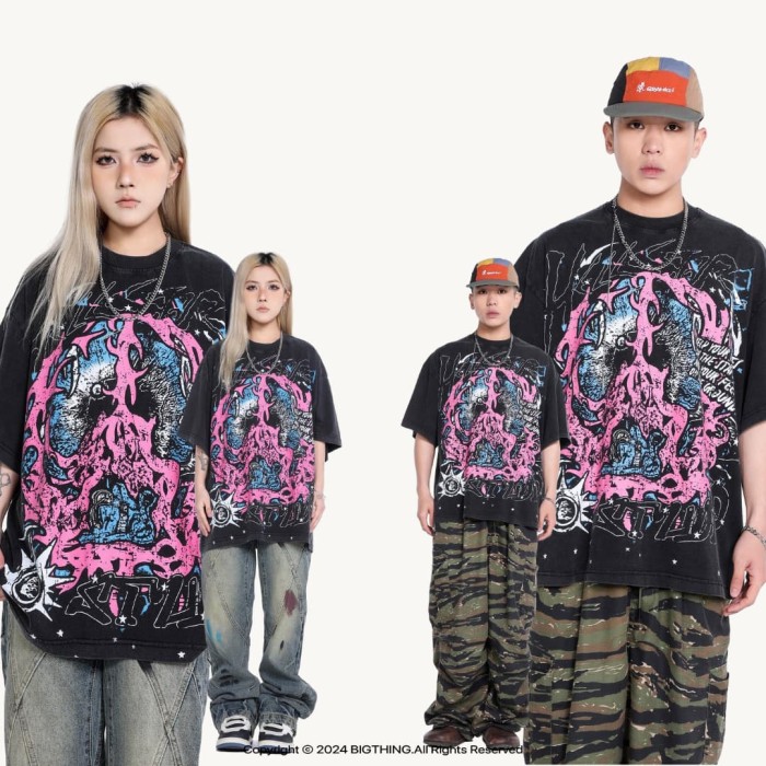 Pink & Blue Contrast Flame Print Washed Tee 29090172