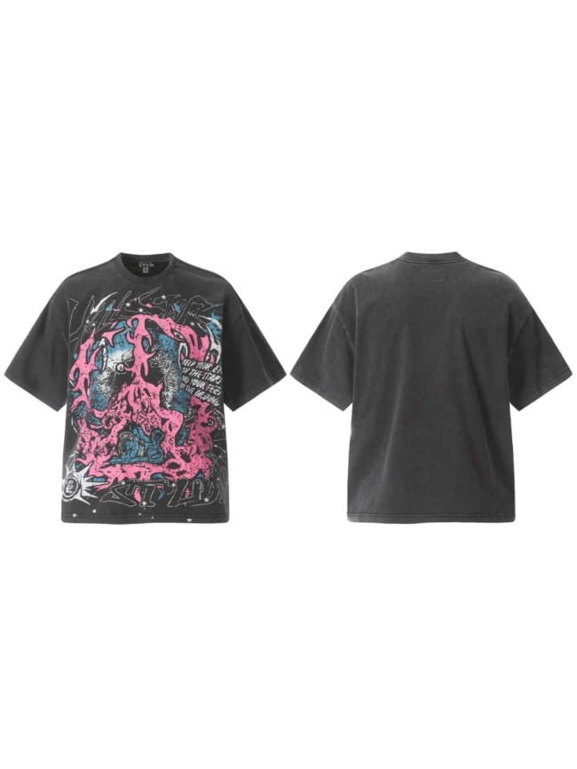 Pink & Blue Contrast Flame Print Washed Tee 29090172