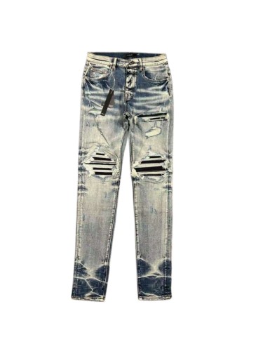 1:1 quality version Light Blue Washed Black Striped Ripped Jeans 29091968