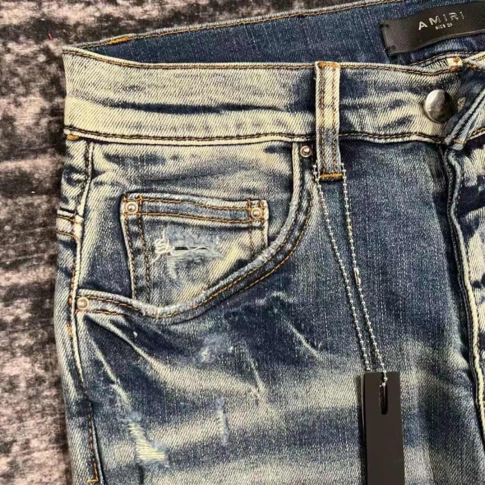 1:1 quality version Light Blue Washed Black Striped Ripped Jeans 29091968