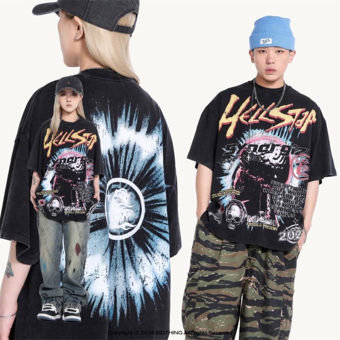 Cyber Skull Figure Print Washed Tee 29092382