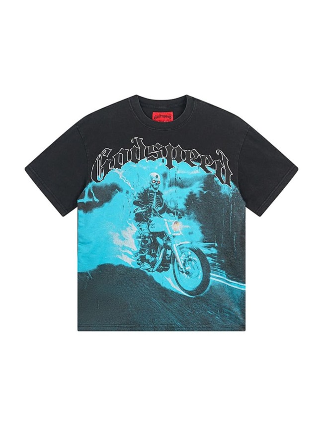 Blue Skull Motorcycle Distressed Washed Short-Sleeve T-Shirt 29043111