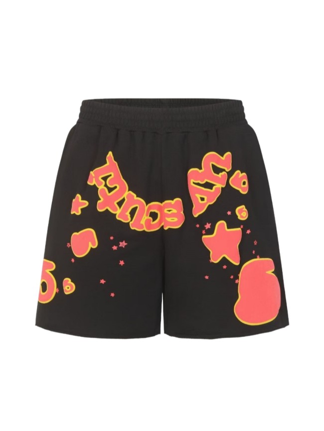 Graffiti Bubble Letter & Star Print Black Casual Shorts 29097857