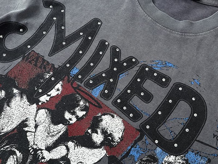 Gray Tone Cross Three Angels Rhinestone Print Washed Tee 29105645
