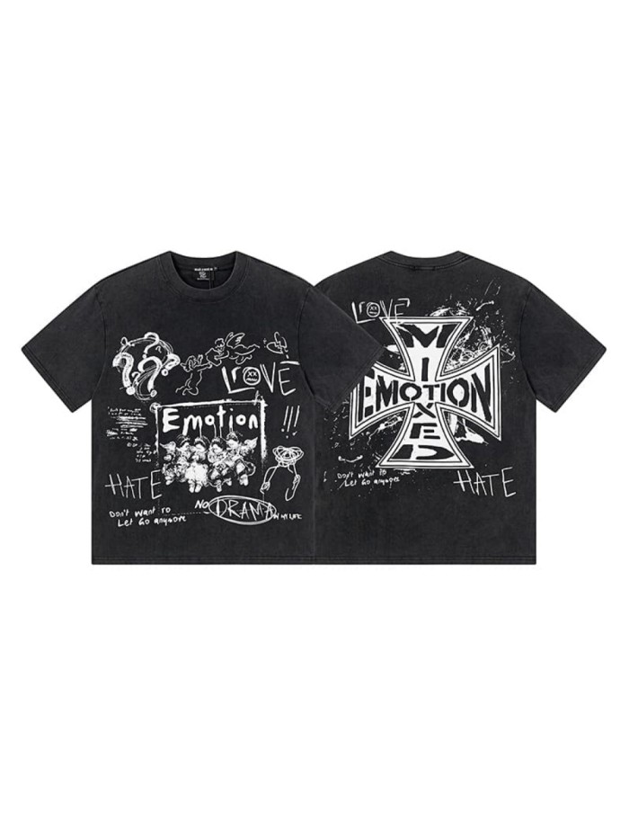 Black And White Graffiti Four Angels Print Washed Tee 29105636