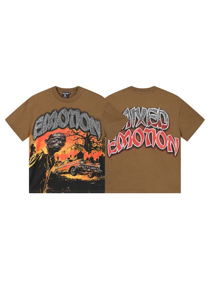 Dusk Cemetery Zombie Car Rhinestone Print Washed Tee 29105644