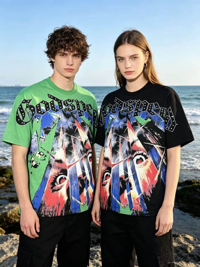 Broken Thorn Caged Eye Rhinestone Print Washed Tee 2 colors 29106668
