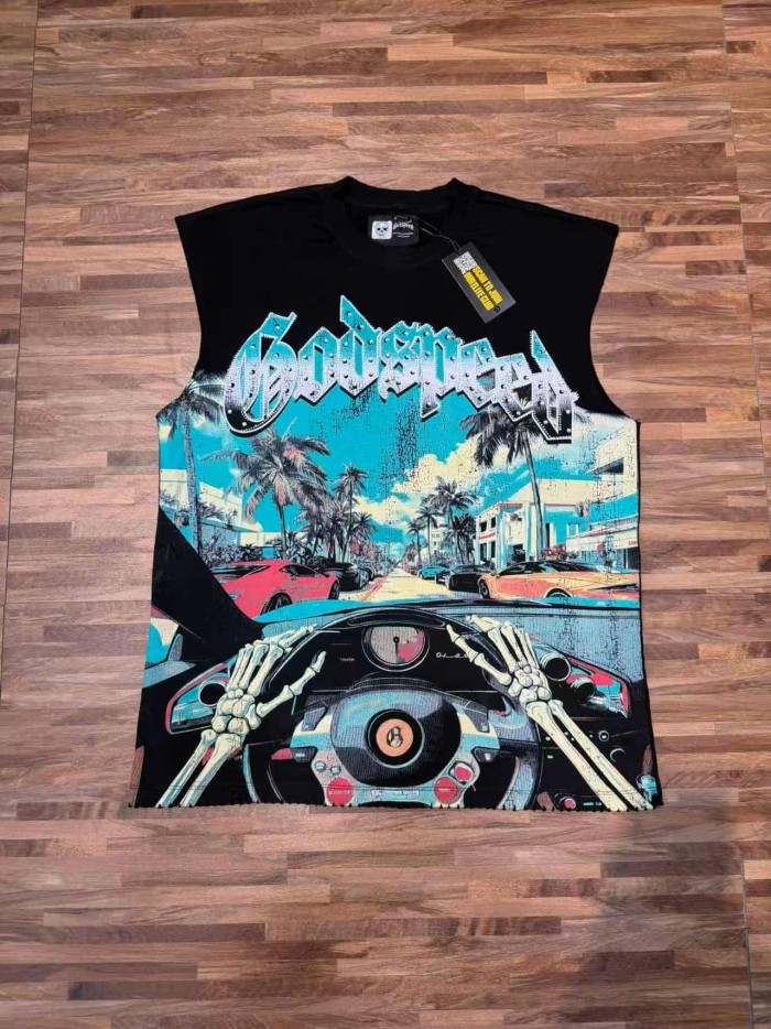 Skull Racing View Rhinestone Print Washed Vest 29106663