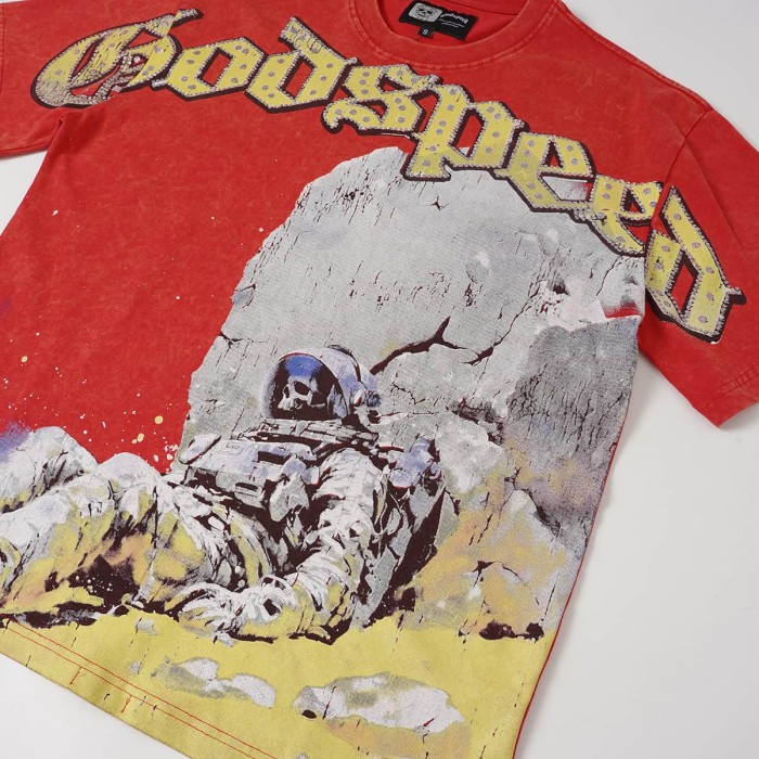 Fallen Skull Astronaut Rhinestone Print Washed Tee 2 colors 29106666