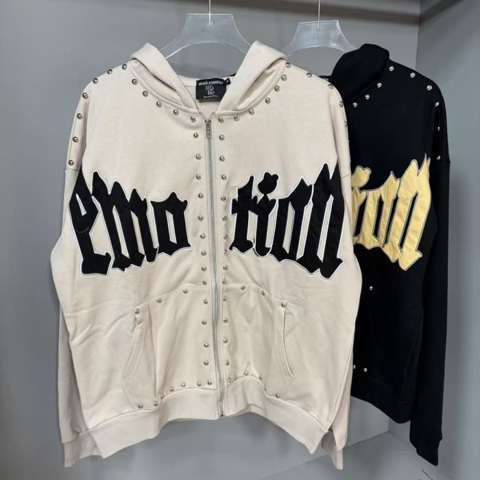 Gothic Letter Patch & Metal Rivets Full Zip Hoodie 2 colors 29107708