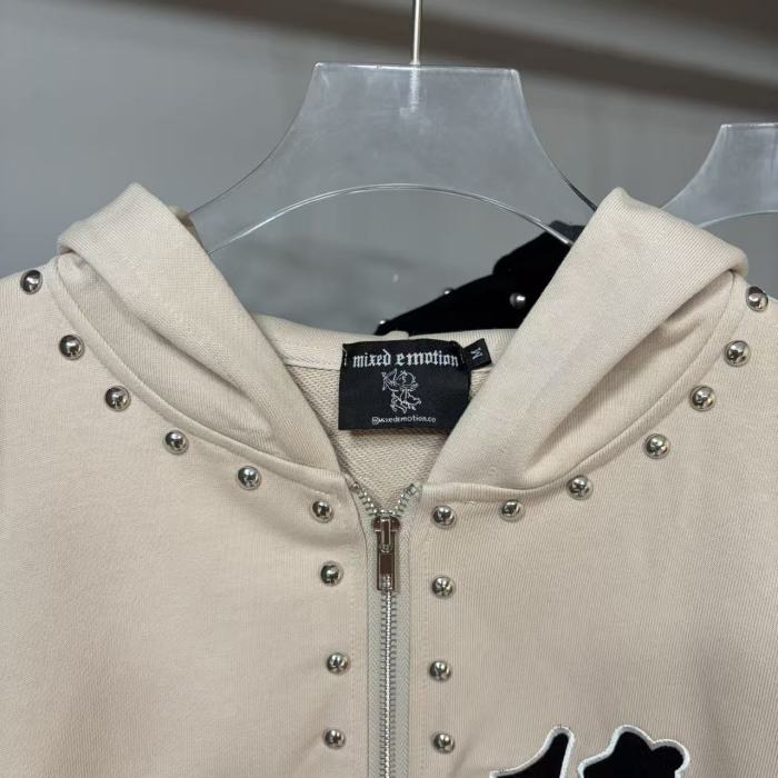 Gothic Letter Patch & Metal Rivets Full Zip Hoodie 2 colors 29107708