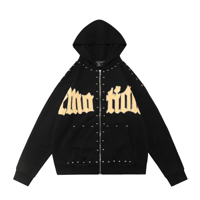 Gothic Letter Patch & Metal Rivets Full Zip Hoodie 2 colors 29107708