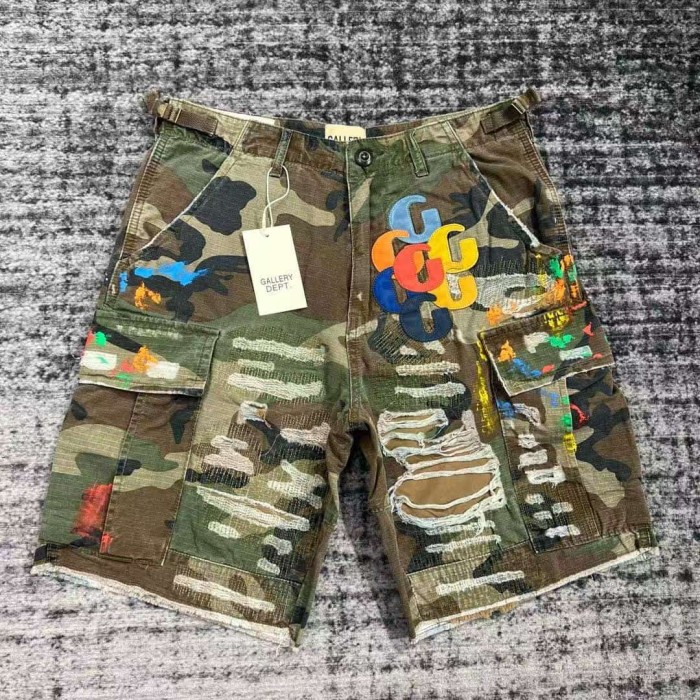 1:1 quality version Multi-Color Leather Patch Splatter Paint Camo Ripped Cargo Shorts 2 colors 29114935
