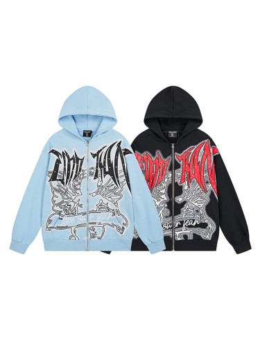 Angel Thorn Gothic Rhinestone Zipper Print Washed Hoodie 2 colors 29116530