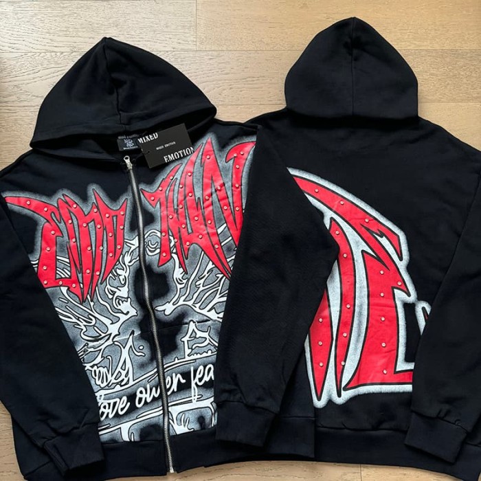 Angel Thorn Gothic Rhinestone Zipper Print Washed Hoodie 2 colors 29116530