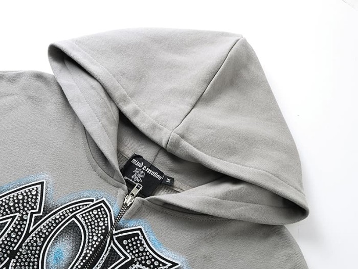 Vintage Skateboard Boy Rhinestone Zipper Print Washed Hoodie 29116527