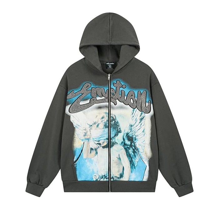 Wreath Blindfolded Cupid Rhinestone Zipper Print Washed Hoodie 29116528