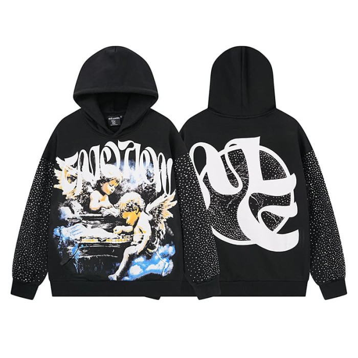 Cloud Piano Double Angel Rhinestone Print Washed Hoodie 29116524