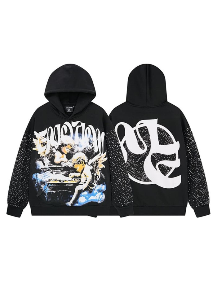 Cloud Piano Double Angel Rhinestone Print Washed Hoodie 29116524