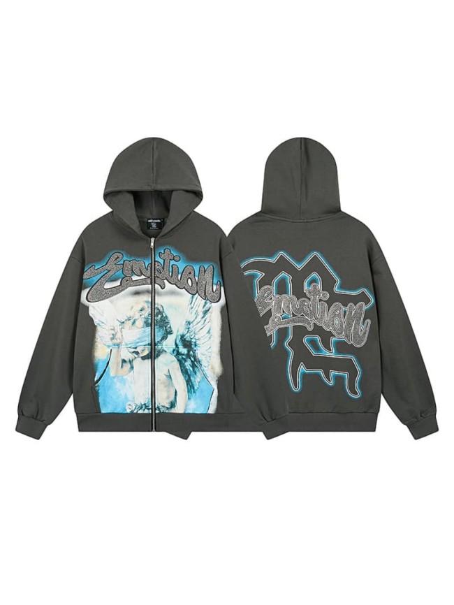 Wreath Blindfolded Cupid Rhinestone Zipper Print Washed Hoodie 29116528