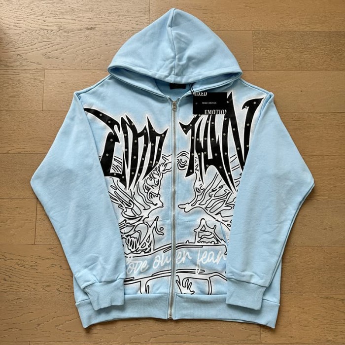 Angel Thorn Gothic Rhinestone Zipper Print Washed Hoodie 2 colors 29116530