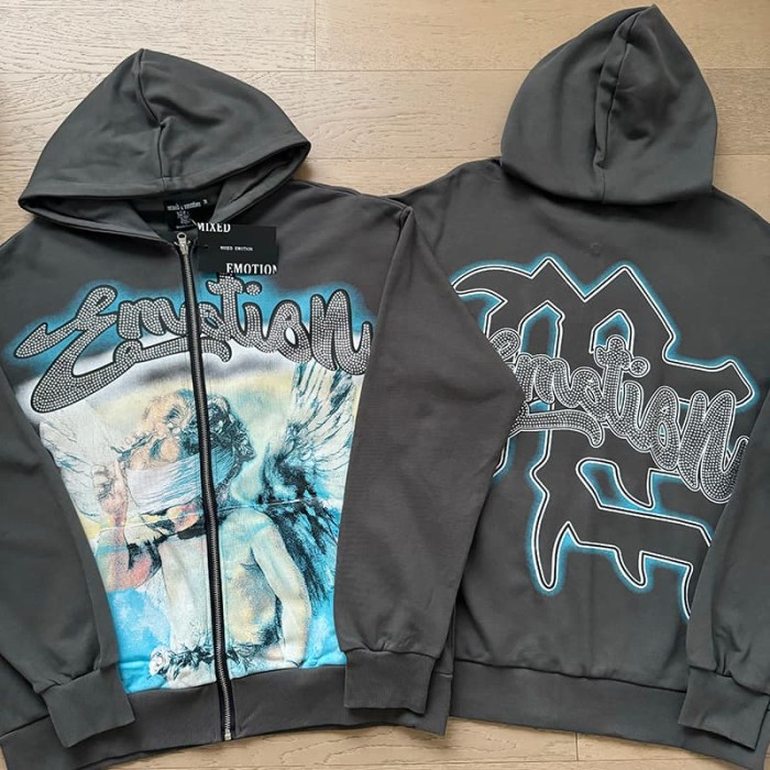 Wreath Blindfolded Cupid Rhinestone Zipper Print Washed Hoodie 29116528
