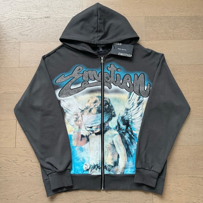 Wreath Blindfolded Cupid Rhinestone Zipper Print Washed Hoodie 29116528