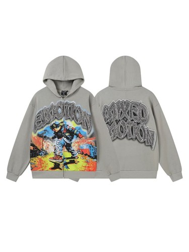 Vintage Skateboard Boy Rhinestone Zipper Print Washed Hoodie 29116527