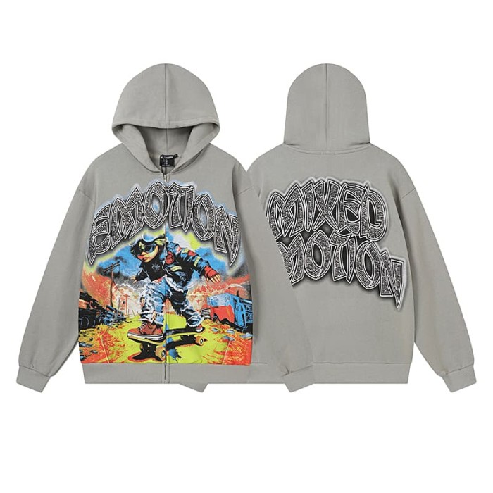 Vintage Skateboard Boy Rhinestone Zipper Print Washed Hoodie 29116527