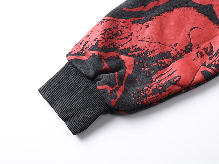 Crack Red Skull Zombie Zipper Print Washed Hoodie 29116526