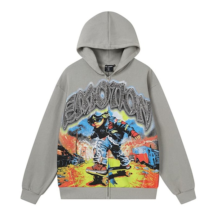 Vintage Skateboard Boy Rhinestone Zipper Print Washed Hoodie 29116527