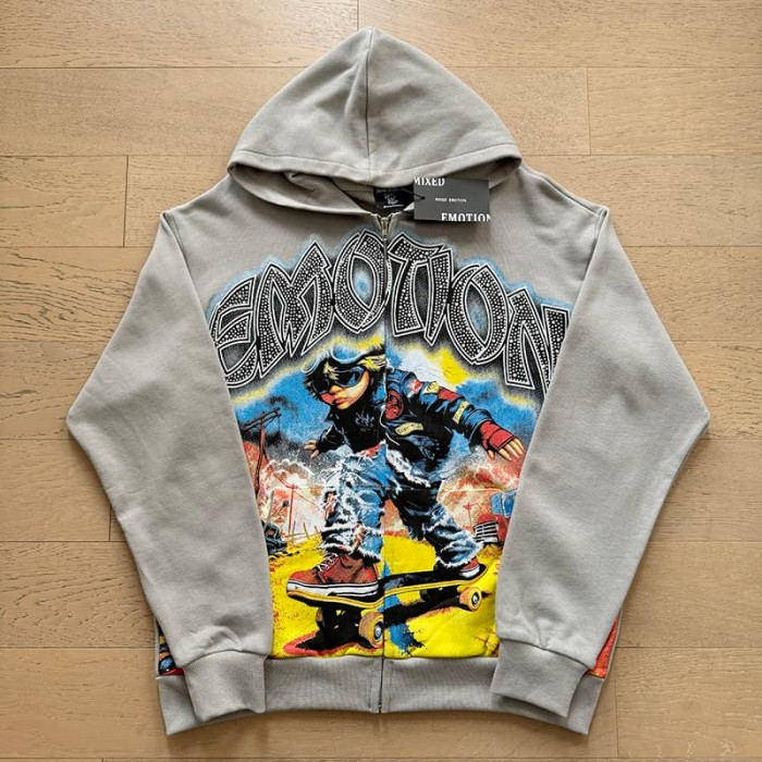 Vintage Skateboard Boy Rhinestone Zipper Print Washed Hoodie 29116527