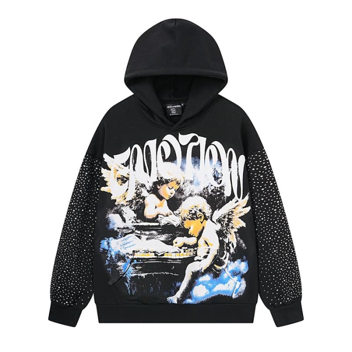 Cloud Piano Double Angel Rhinestone Print Washed Hoodie 29116524