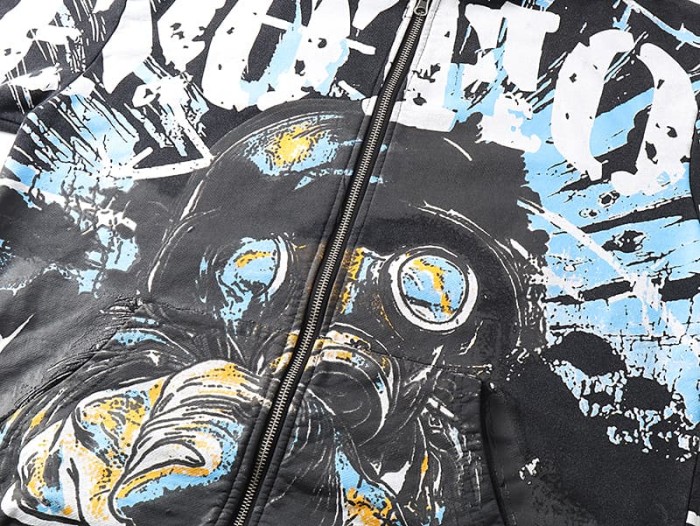Gas Mask Wasteland Style Zipper Print Washed Hoodie 29116525