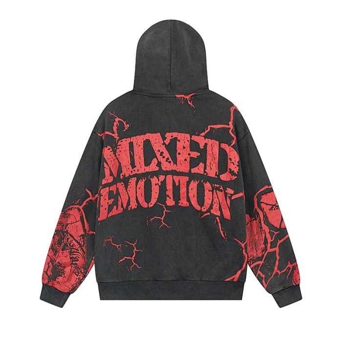 Crack Red Skull Zombie Zipper Print Washed Hoodie 29116526